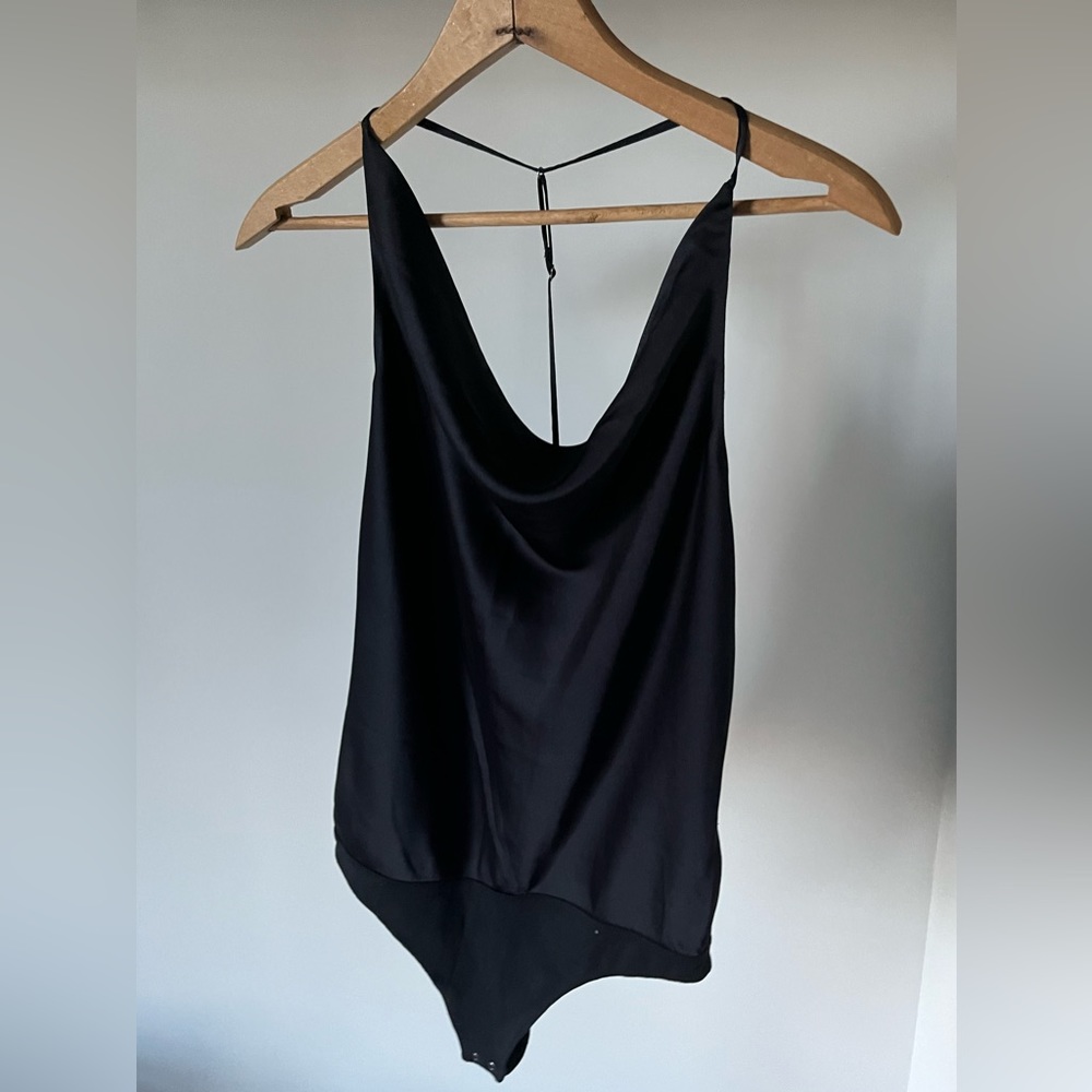 Black Satin Bodysuit with Cowl Neck